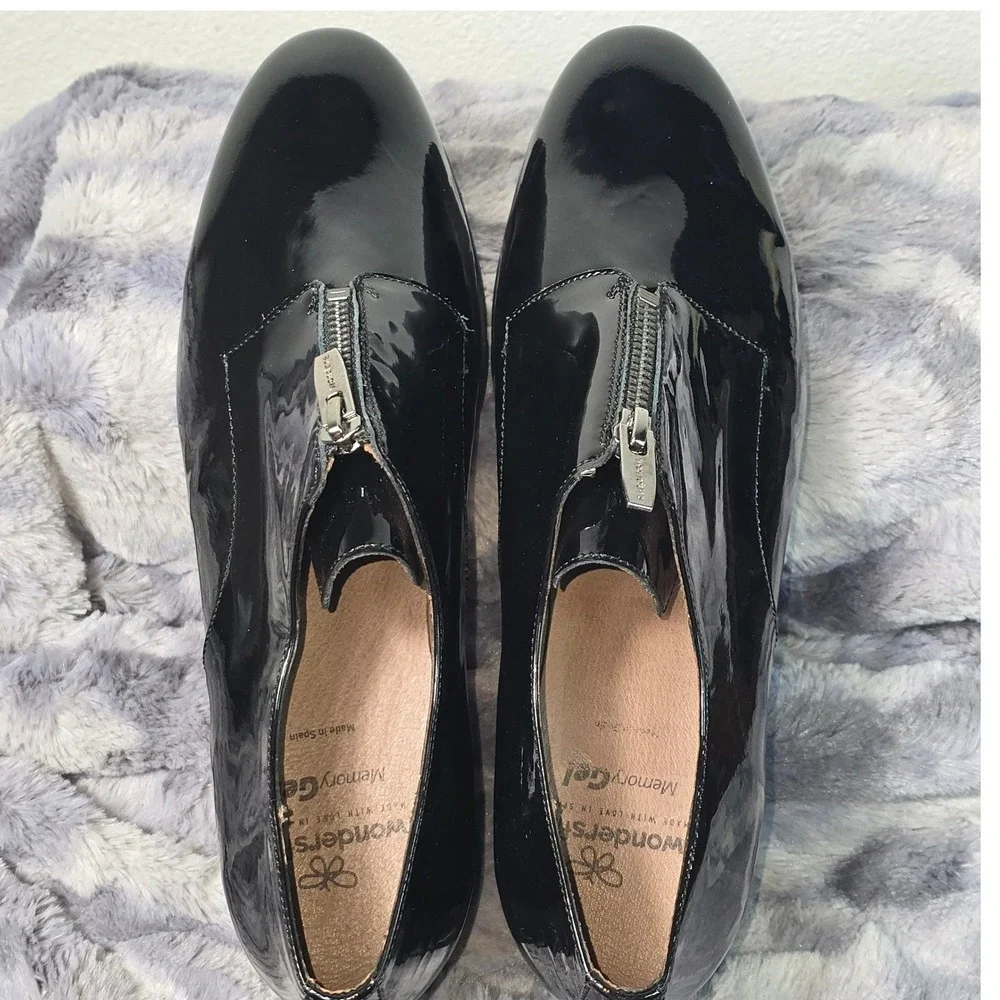 NEW Wonders Flex Fly Black Leather Zip Front Platform Loafers C-4704 EU 42 US 11